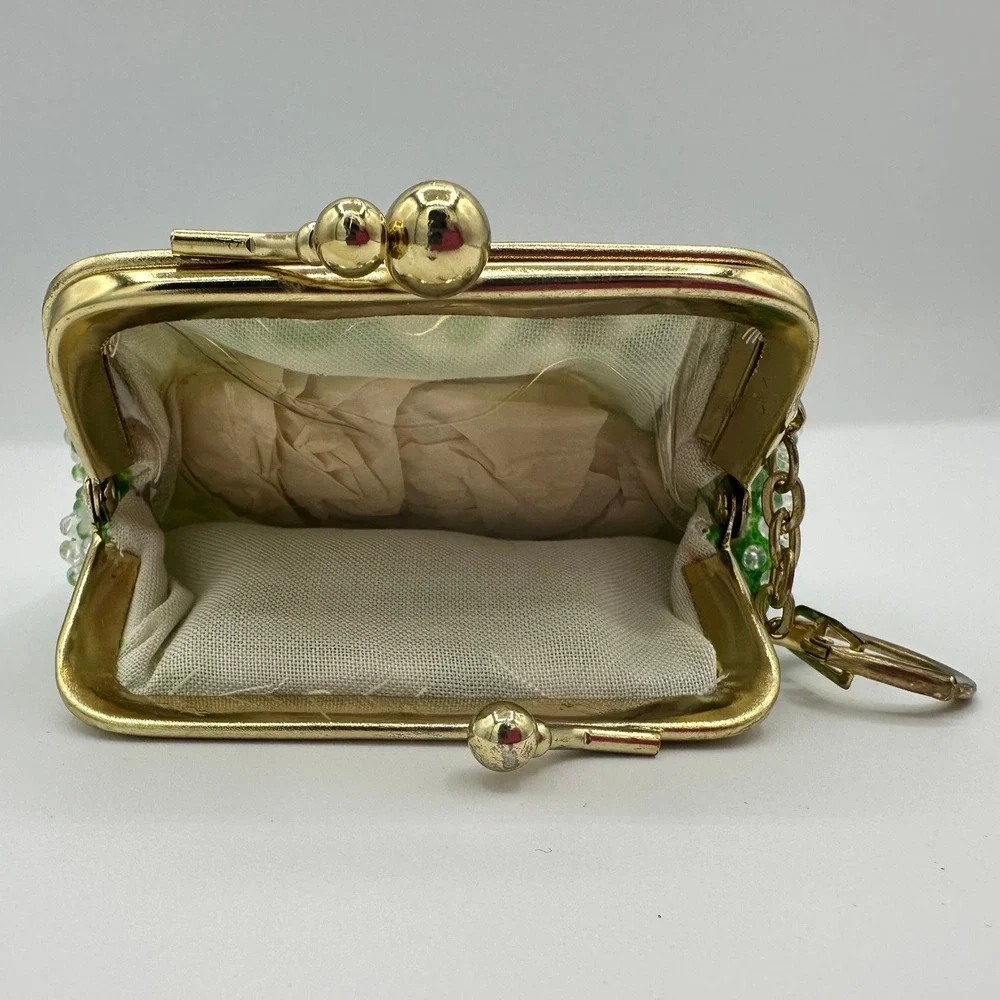 Vintage Womens OS Triple Frame Beaded Coin Purse‎ Green Paisley Retro Kitsch
